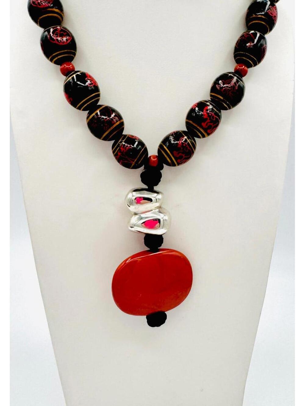 Vintage 1970's Asian black carved wood beads, red details necklace; silver clasp
